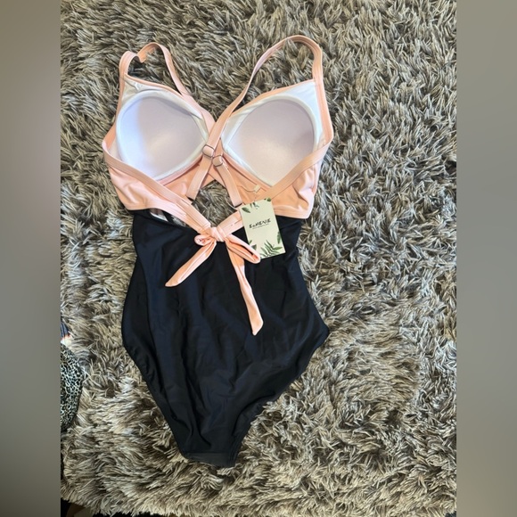 PINK & BLACK 1940S HOLLOW WAIST PATCHWORK SWIMSUIT - Picture 3 of 4